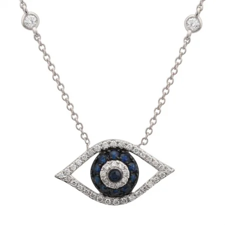 women's galaxy necklaces-14K White Gold Diamond + Blue Sapphire Evil Eye Necklace