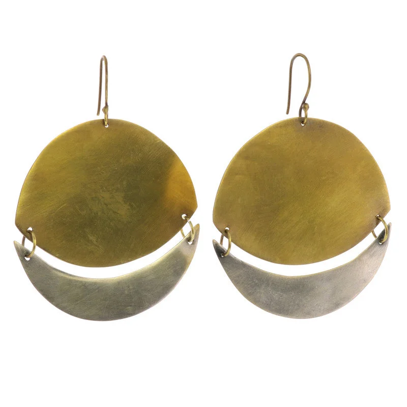 women's titanium earrings-Moonrise Earrings - Round, Lrg - Brass & Silver - Brass & Silver