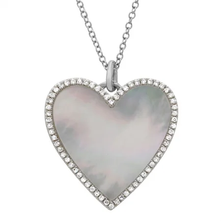 women's infinity necklaces-14K White Gold Diamond + Mother of Pearl Large Heart Necklace