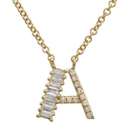 women's fashion-forward necklaces-14K Yellow Gold Round & Baguette Diamond Initial Necklace