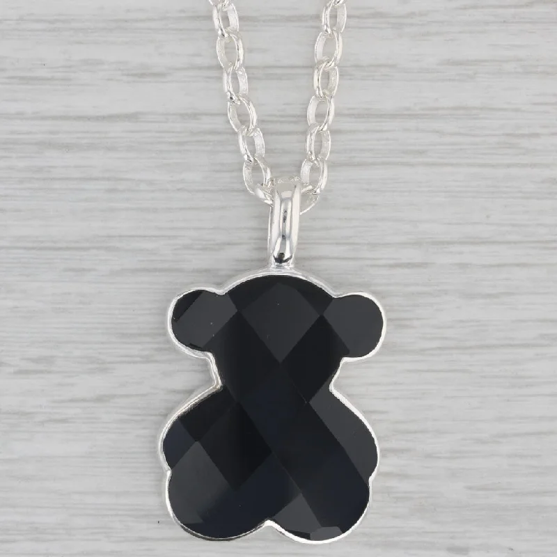 women's moon necklaces-Tous Onyx Teddy Bear Pendant Necklace Sterling Silver 23.5" Cable Chain