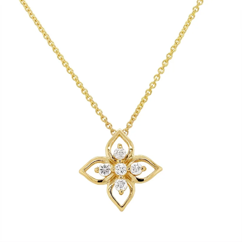 women's statement necklaces-YELLOW GOLD FLOWER PENDANT NECKLACE WITH DIAMONDS, .1 CT TW