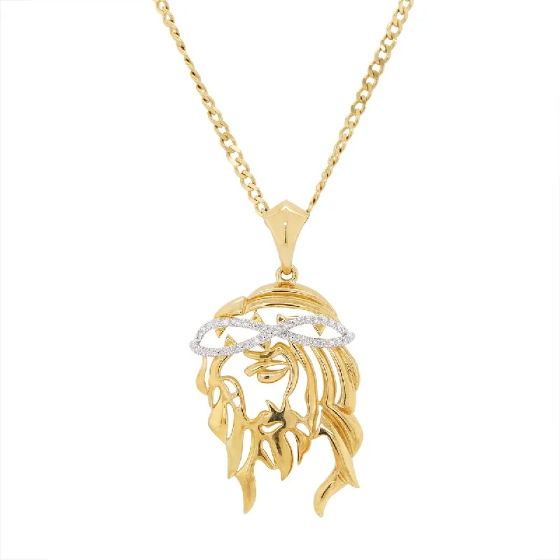 women's cross necklaces-YELLOW GOLD JESUS HEAD PENDANT NECKLACE WITH DIAMONDS, .04 CT TW