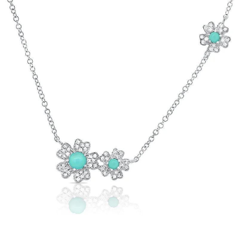 women's personalized necklaces-14K White Gold Diamond + Turquoise Flower Necklace