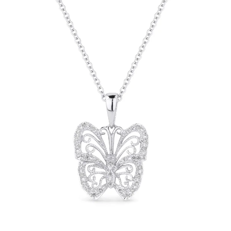 women's rope chain necklaces-WHITE GOLD DIAMOND BUTTERFLY NECKLACE, .11 CT TW