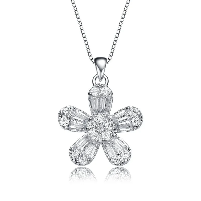 women's statement necklaces-.925 Sterling Silver With Rhodium Plated Baguette Cubic Zirconia Flower Style Pendant Necklace