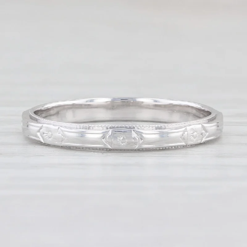 women's eternity engagement rings-Art Deco Floral Wedding Band 14k White Gold Stackable Ring