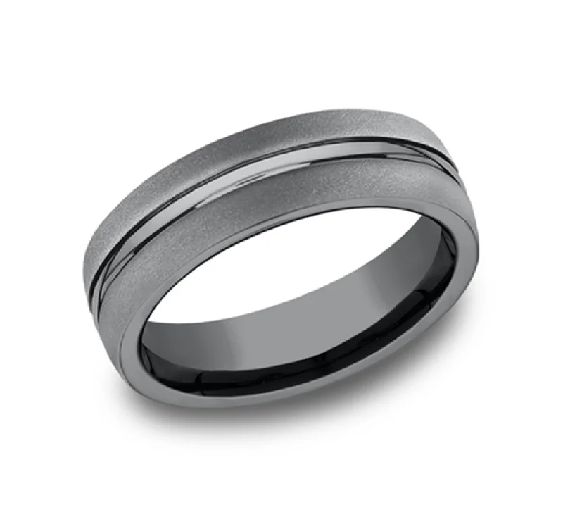 women's trillion-cut engagement rings-Dark Tantalum Satin Polished 6.5mm Center Cut Wedding Band