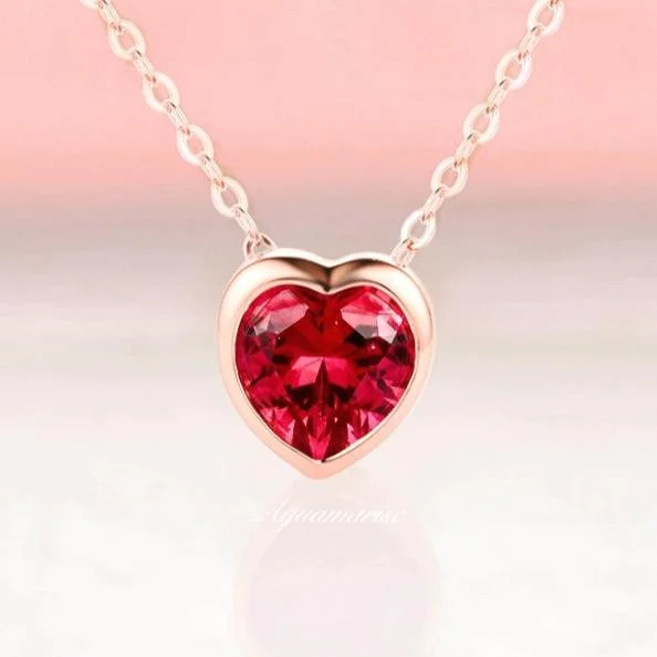 women's dainty necklaces-Heart Ruby Necklace- 14K Rose Gold Vermeil