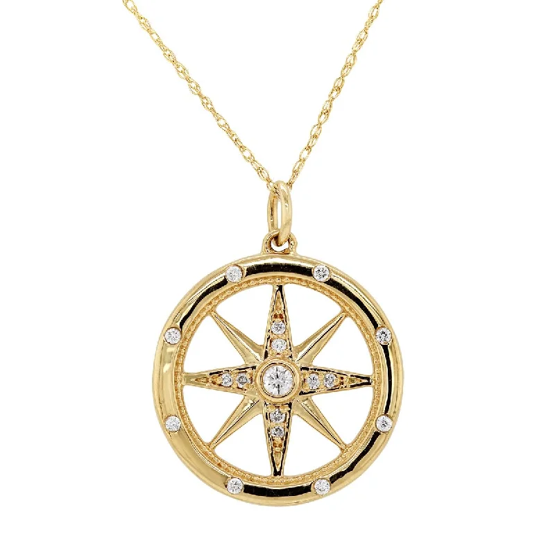 women's angel necklaces-YELLOW GOLD FORTUNE COMPASS NECKLACE WITH DIAMONDS, 1/5 CT TW