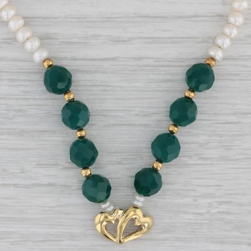 women's boho necklaces-Green Chalcedony Cultured Pearl Strand Heart Necklace 18k Yellow Gold 17.25"