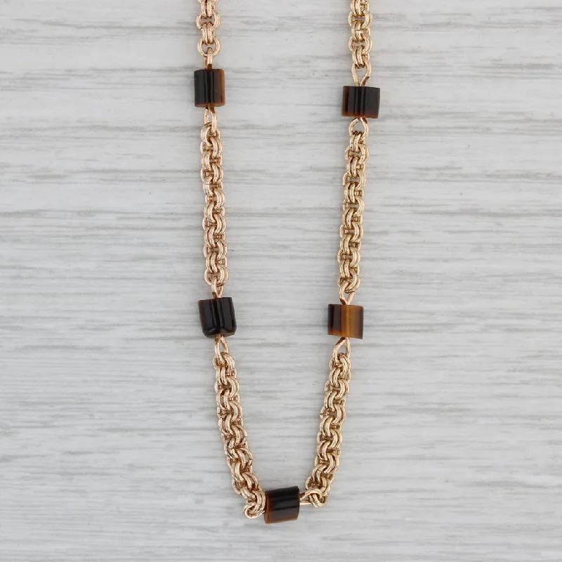 women's pendant necklaces-Vintage Tiger's Eye Bead Cable Chain Necklace 14k Yellow Gold 30.5" Long