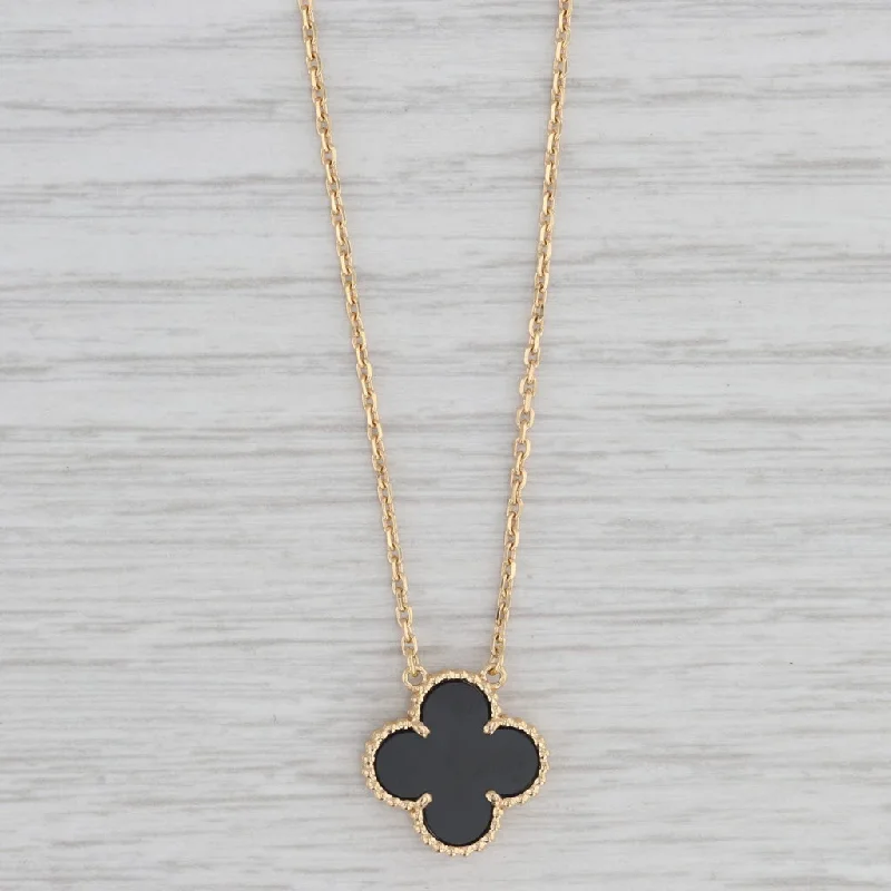 women's dainty necklaces-Van Cleef Arpels VCA Alhambra Black Onyx Clover Necklace 18k Gold 7.25" Box COA