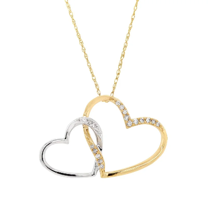 women's bold necklaces-TWO-TONE GOLD DIAMOND DOUBLE HEART PENDANT NECKLACE, .08 CT TW