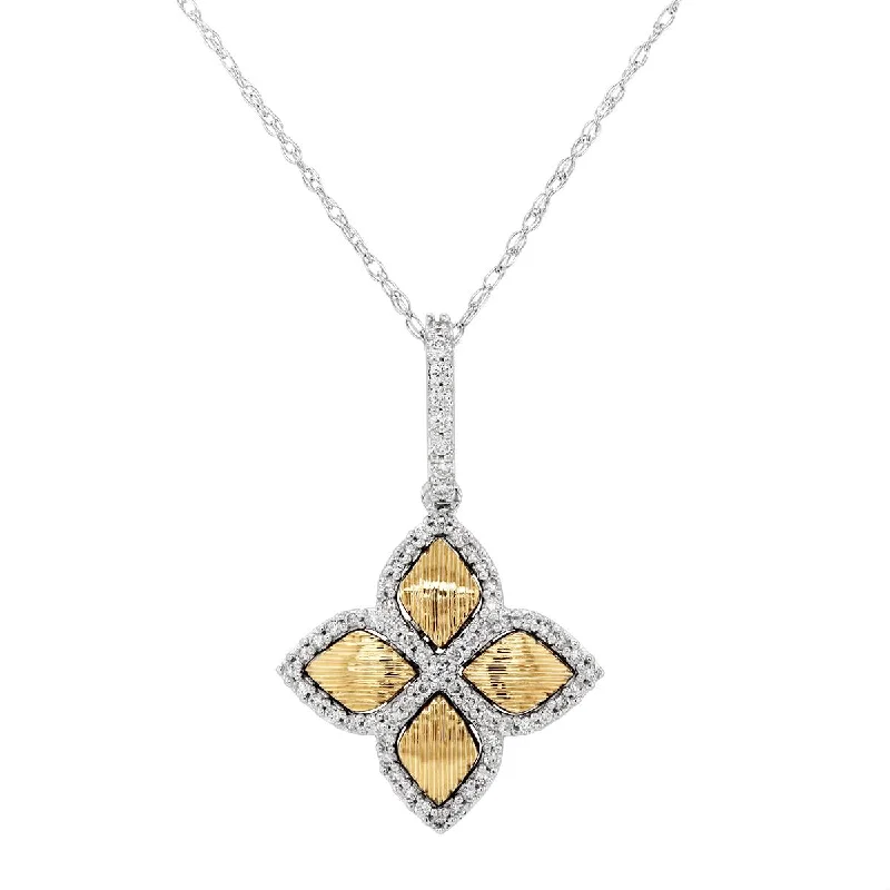 women's zodiac necklaces-TWO-TONE GOLD CLOVER PENDANT NECKLACE WITH DIAMONDS, .25 CT TW