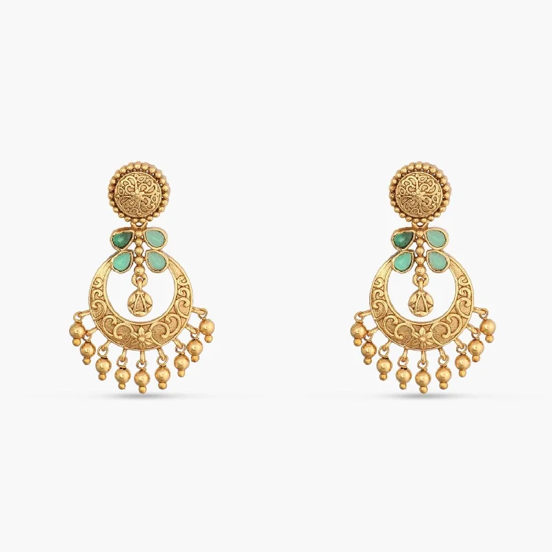 women's high-end earrings-Riva Antique Green Kempu Chandbali Earrings