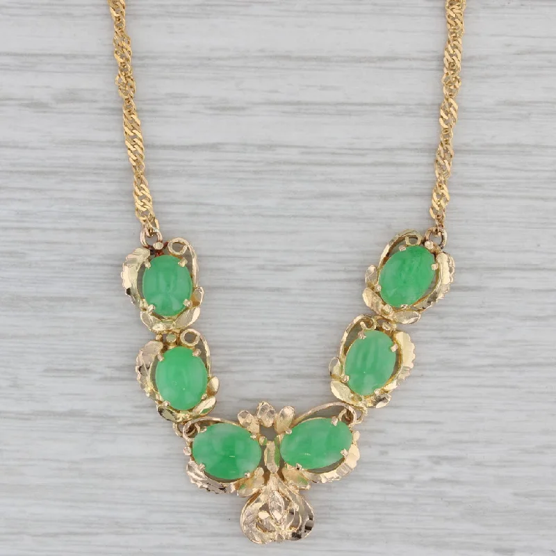 women's engraved necklaces-Green Jadeite Jade V Necklace 14k Yellow Gold 17.25" Singapore Chain