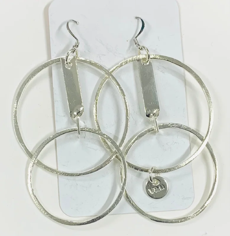 women's cat earrings-Double hoop and stem silver earrings