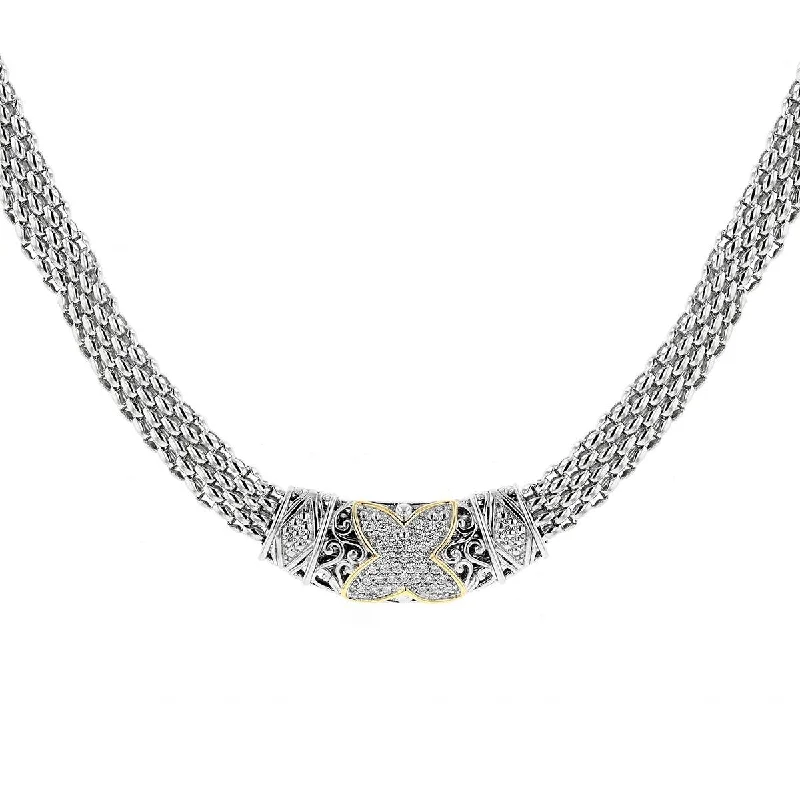 women's lab-grown diamond necklaces-VINTAGE STYLE SILVER WIDE CHAIN NECKLACE WITH DIAMONDS AND GOLD, .50 CT TW