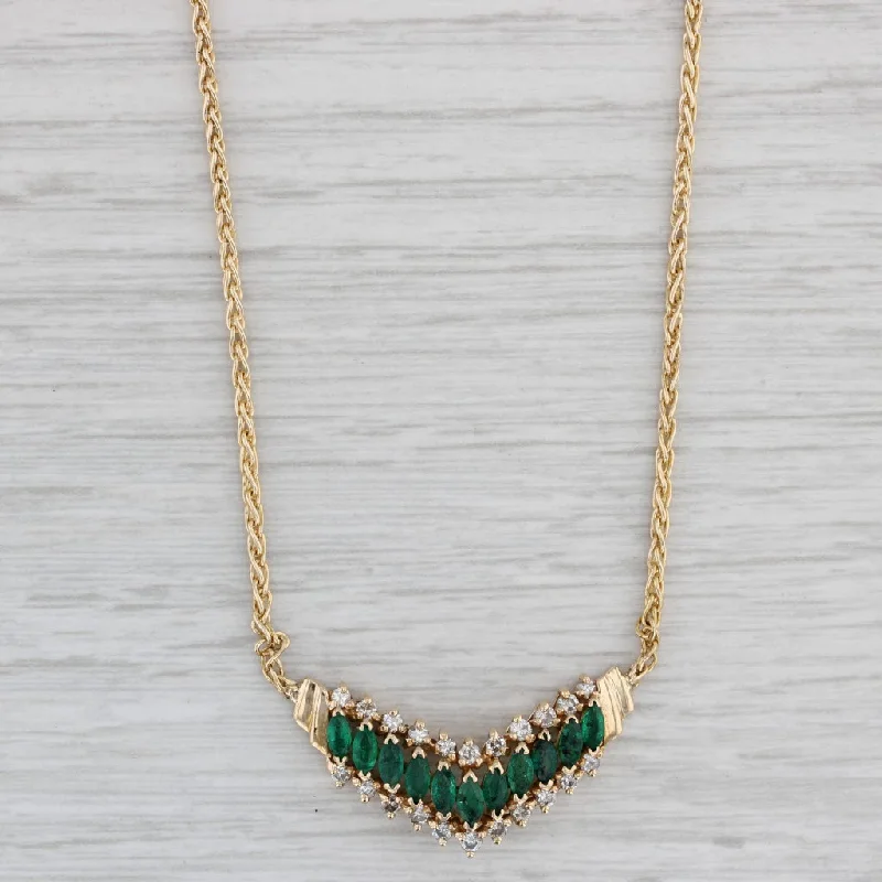 women's matching necklaces-1.34ctw Emerald Diamond V Necklace 14k Yellow Gold 15.5" Wheat Chain