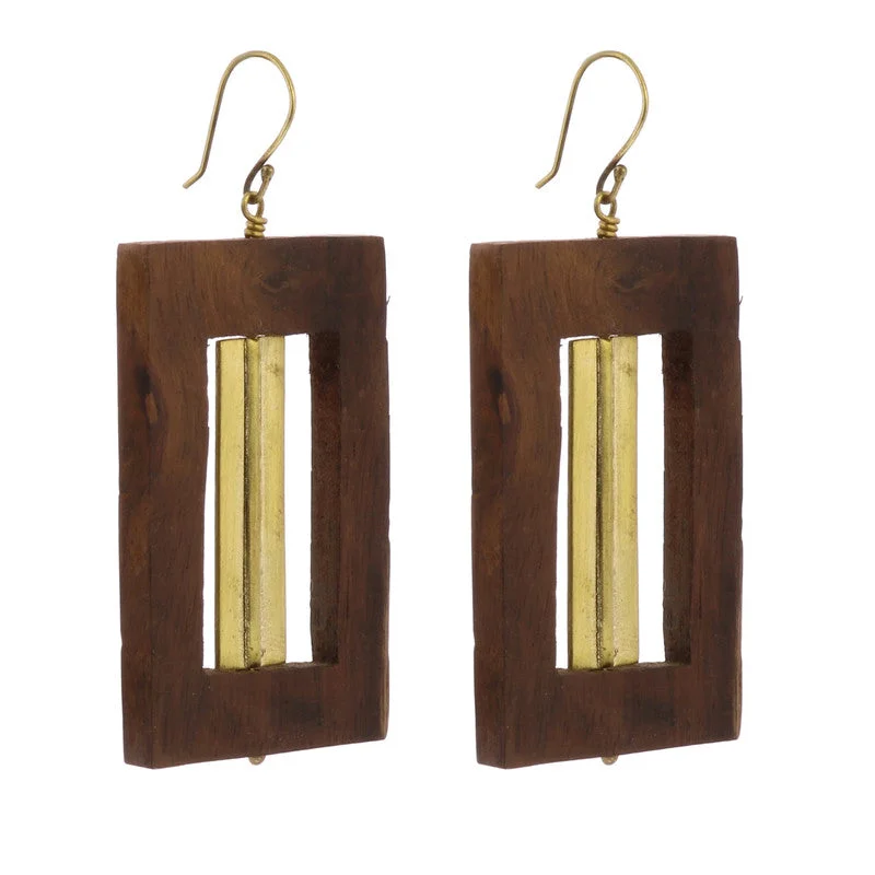 women's wave earrings-Tahoe Earrings, Rectangle - Brass & Wood