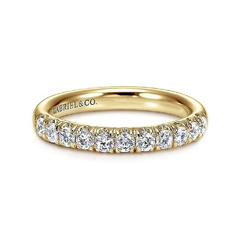 women's floral motif engagement rings-14K Yellow Gold 11 Stone French Pavé Diamond Wedding Band