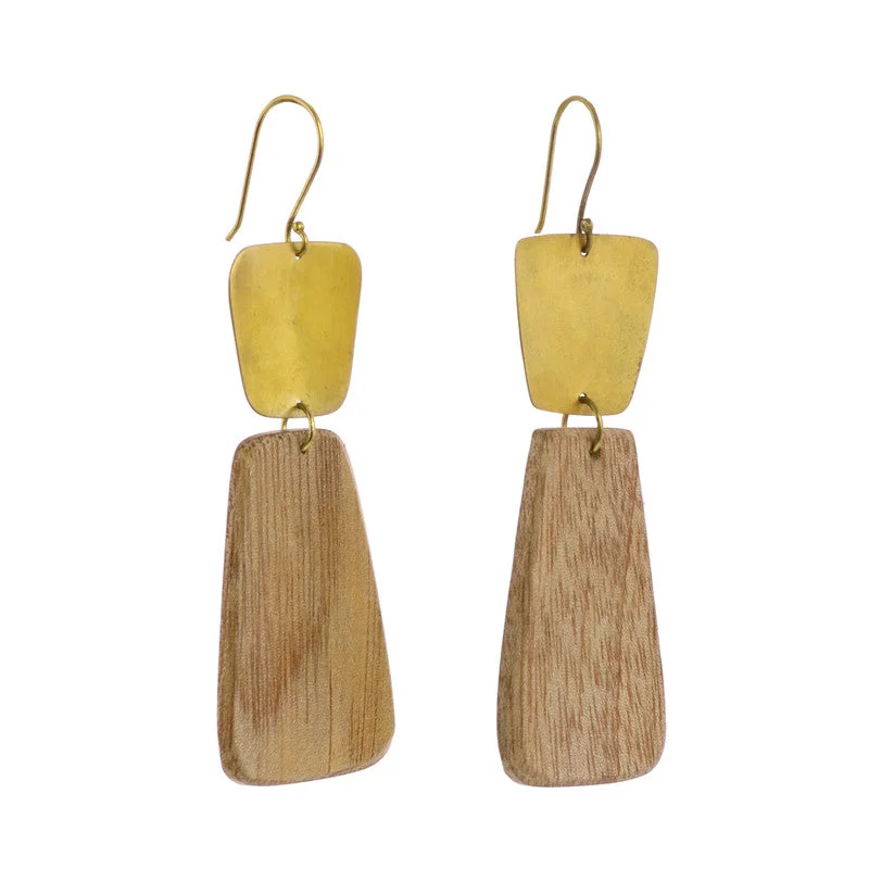 women's minimalist earrings-Leucadia Earrings, Brass & Wood  - Trapezoids - Light Wood