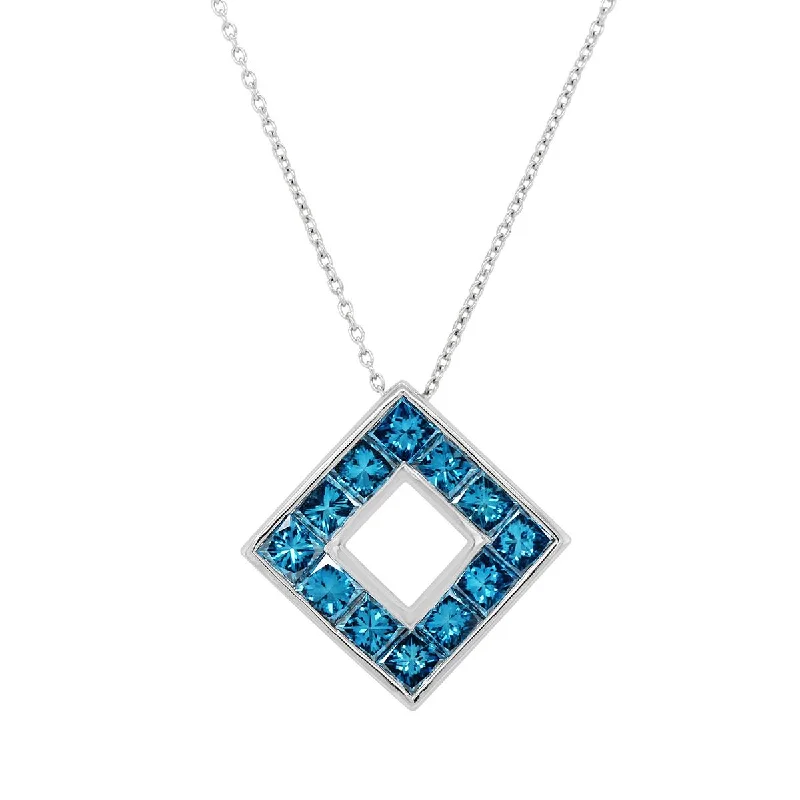 women's rose gold necklaces-WHITE GOLD AND BLUE DIAMOND SQUARE PENDANT NECKLACE, 1.10 CT TW