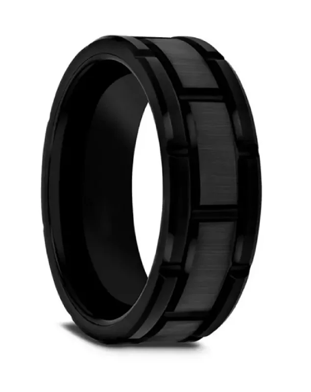 women's classic engagement rings-Black Tungsten Carbide ‘Windsor’ 8mm Brush Finished Center Wedding Band