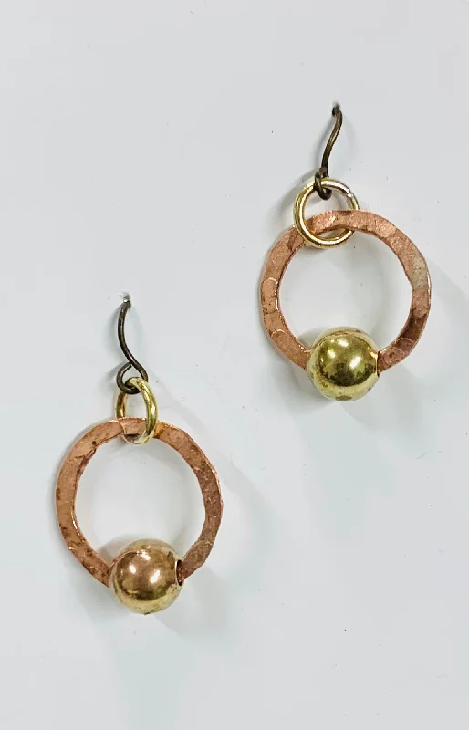 women's climber earrings-Copper hoop and bead small earrings