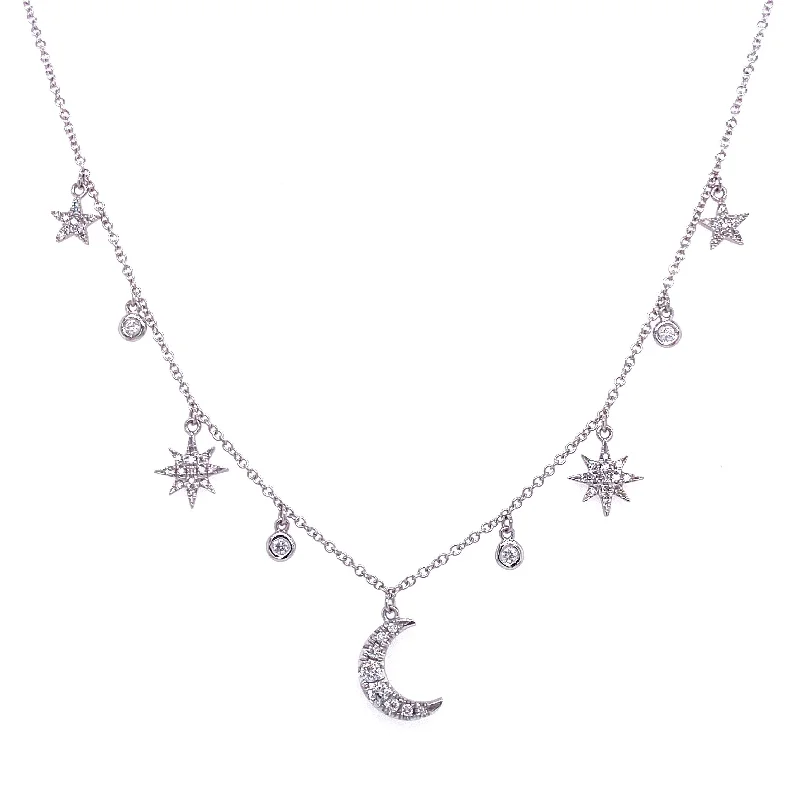 women's protection necklaces-14K White Gold Diamond Moon & Star Charm Necklace