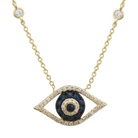 women's star necklaces-14K Yellow Gold Diamond + Blue Sapphire Evil Eye Necklace