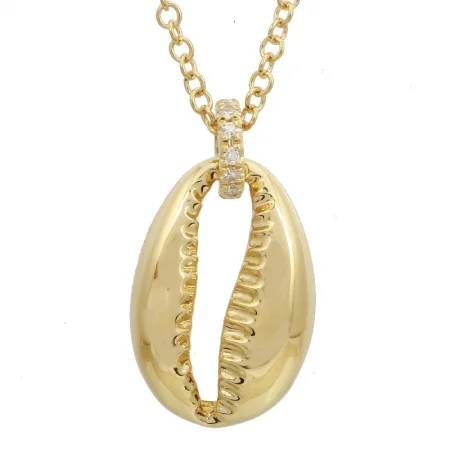 women's box chain necklaces-14K Yellow Gold Diamond Shell Necklace