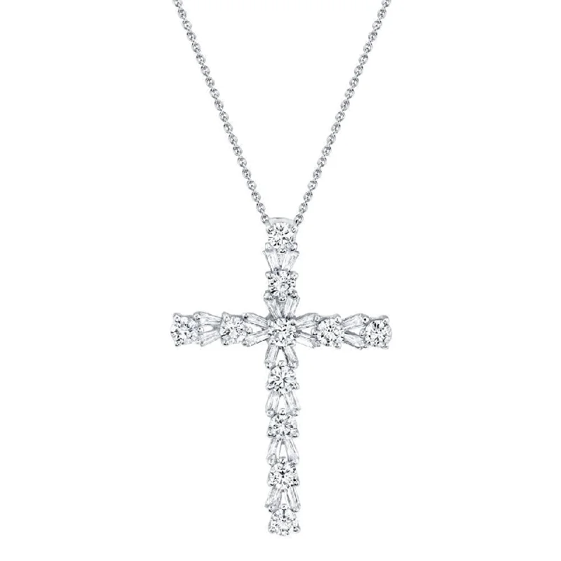 women's two-tone necklaces-14K White Gold Diamond Cross Necklace