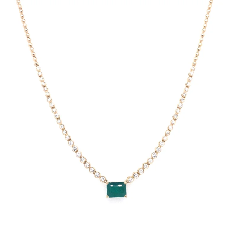 women's amethyst necklaces-14K Yellow Gold Diamond + Emerald Cut Emerald Necklace