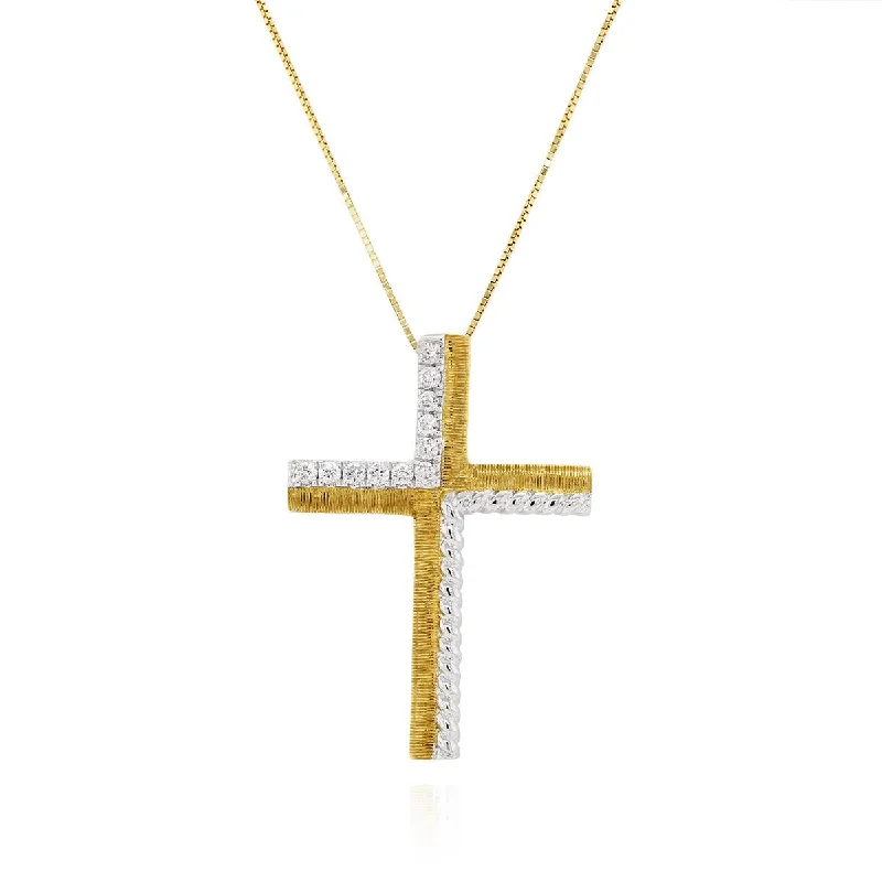 women's ethical necklaces-TWO-TONE GOLD CROSS CHARM NECKLACE WITH 11 ROUND DIAMONDS, .17 CT TW