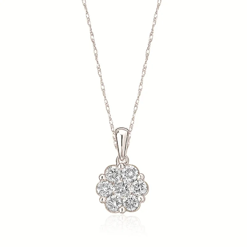 women's handmade necklaces-WHITE GOLD DIAMOND CLUSTER FLOWER PENDANT NECKLACE, 3/4 CT TW