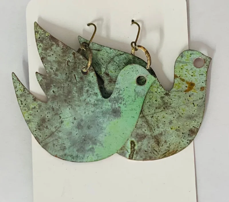 women's drop earrings-Dove church patina roof large earrings