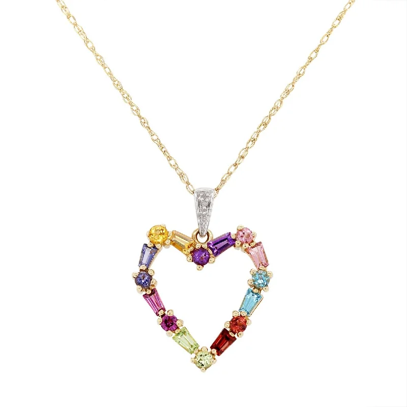 women's sapphire necklaces-YELLOW GOLD HEART PENDANT NECKLACE WITH MULTICOLORED GEMS AND A DIAMOND, .01 CT