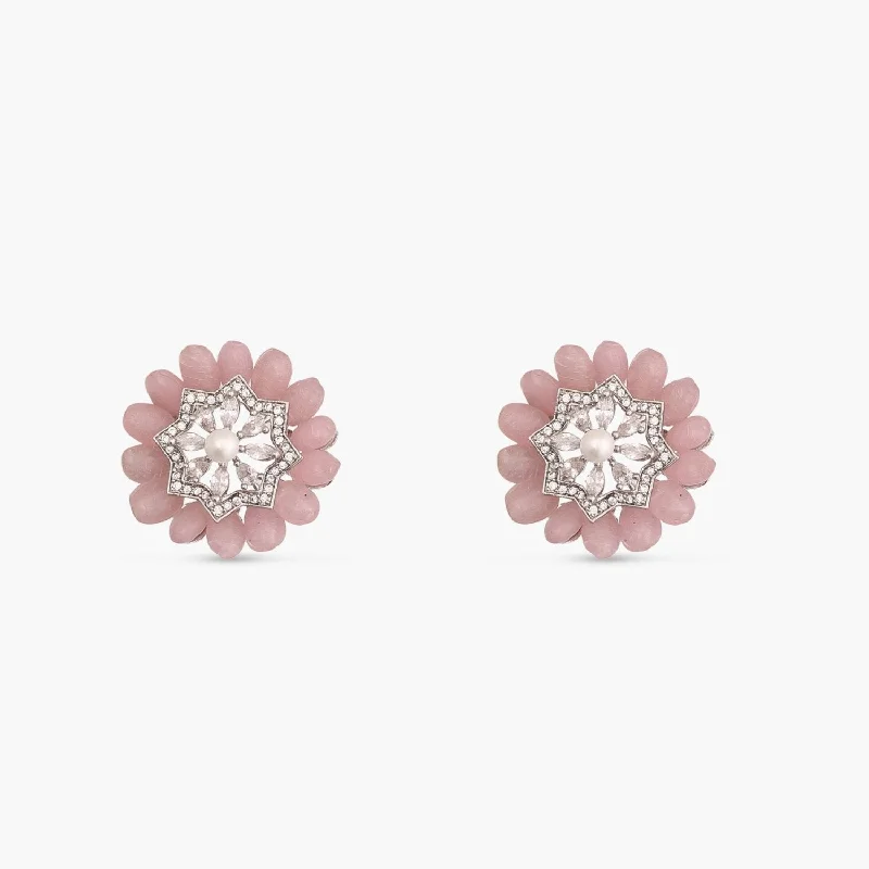 women's tassel earrings-Floral Charm CZ Pink Beads & Pearl Stud Earrings