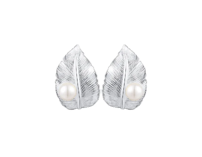 women's cross earrings-Pearl Leaf Stud Earrings