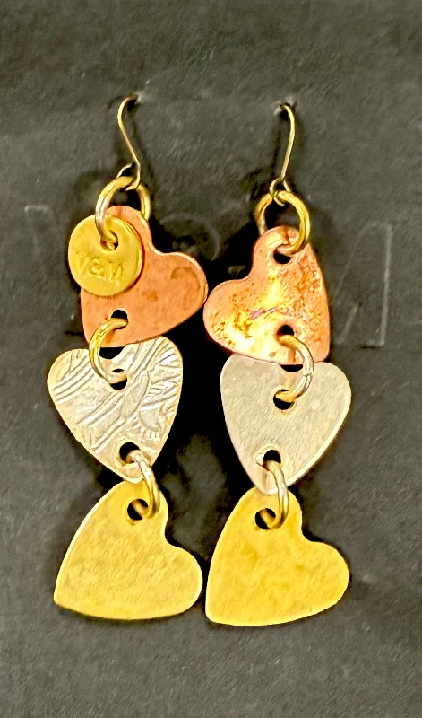 women's angel earrings-Triple heart mixed metal earrings