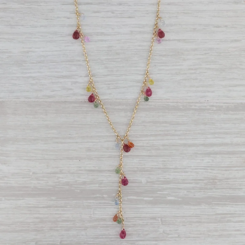 women's cross necklaces-Sapphire Tourmaline Briolette Lariat Necklace 14k Yellow Gold Rolo Chain 16"