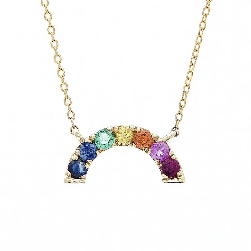 women's wave necklaces-14K Yellow Gold Colored Stones Rainbow Necklace