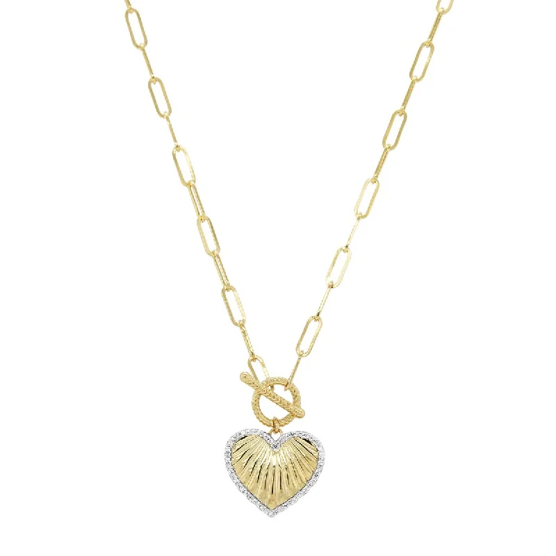 women's amethyst necklaces-YELLOW GOLD HEART PENDANT WITH DIAMONDS AND PAPERCLIP NECKLACE