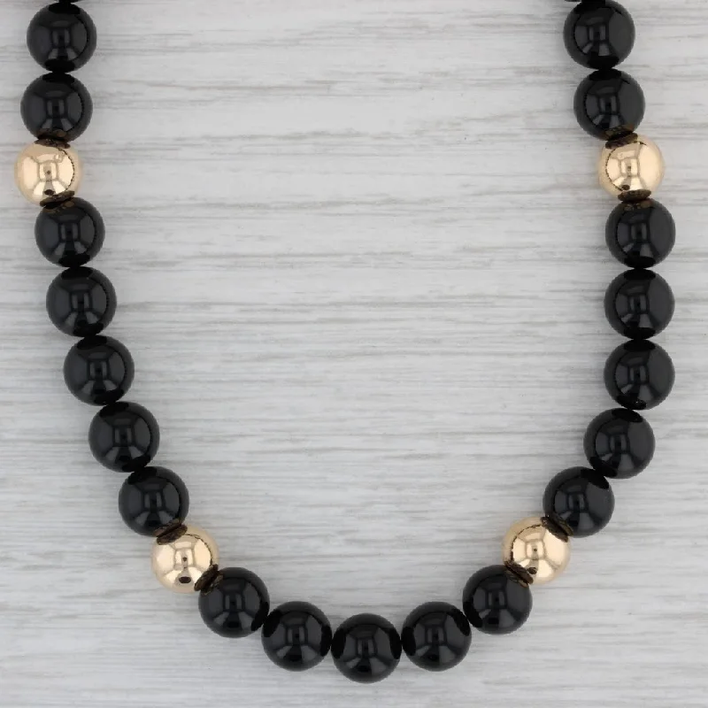 women's birthstone necklaces-Black Onyx Gold Bead Necklace 14k Yellow Gold 29" Long Strand 8mm As Is