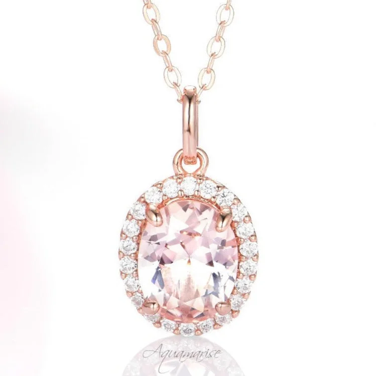 women's lock necklaces-Iris Oval Morganite Necklace- 14K Rose Gold Vermeil