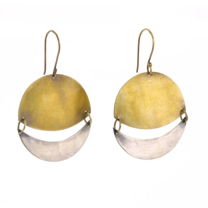 women's bar earrings-Moonrise Earrings, Round, Sm - Brass & Silver - Brass & Silver