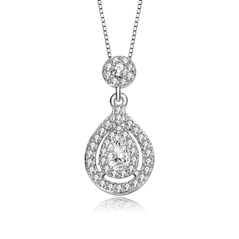 women's box chain necklaces-.925 Sterling Silver With Rhodium Plated Pear And Round Cz Accent Drop Pendant Necklace