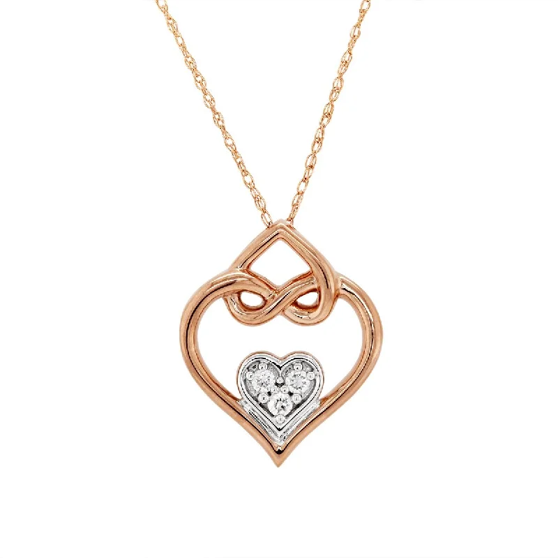 women's dainty necklaces-ROSE GOLD INTERLOCKING HEART PENDANT NECKLACE WITH DIAMONDS, .05 CT TW